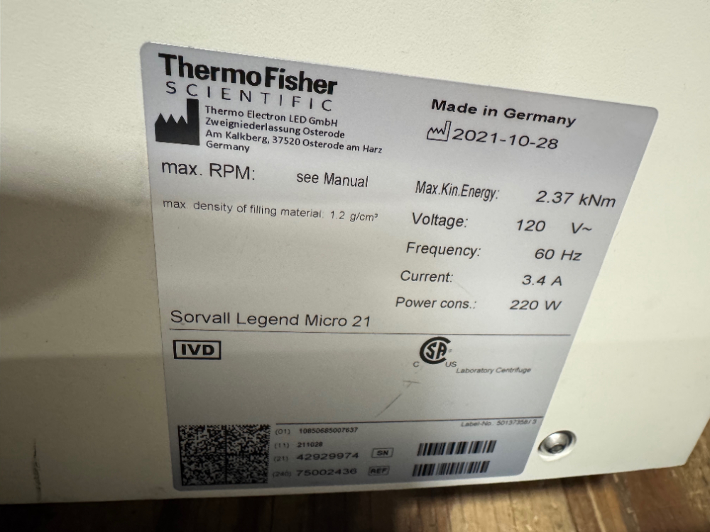 Image of Thermo Sorvall Legend Micro 21 Centrifuge